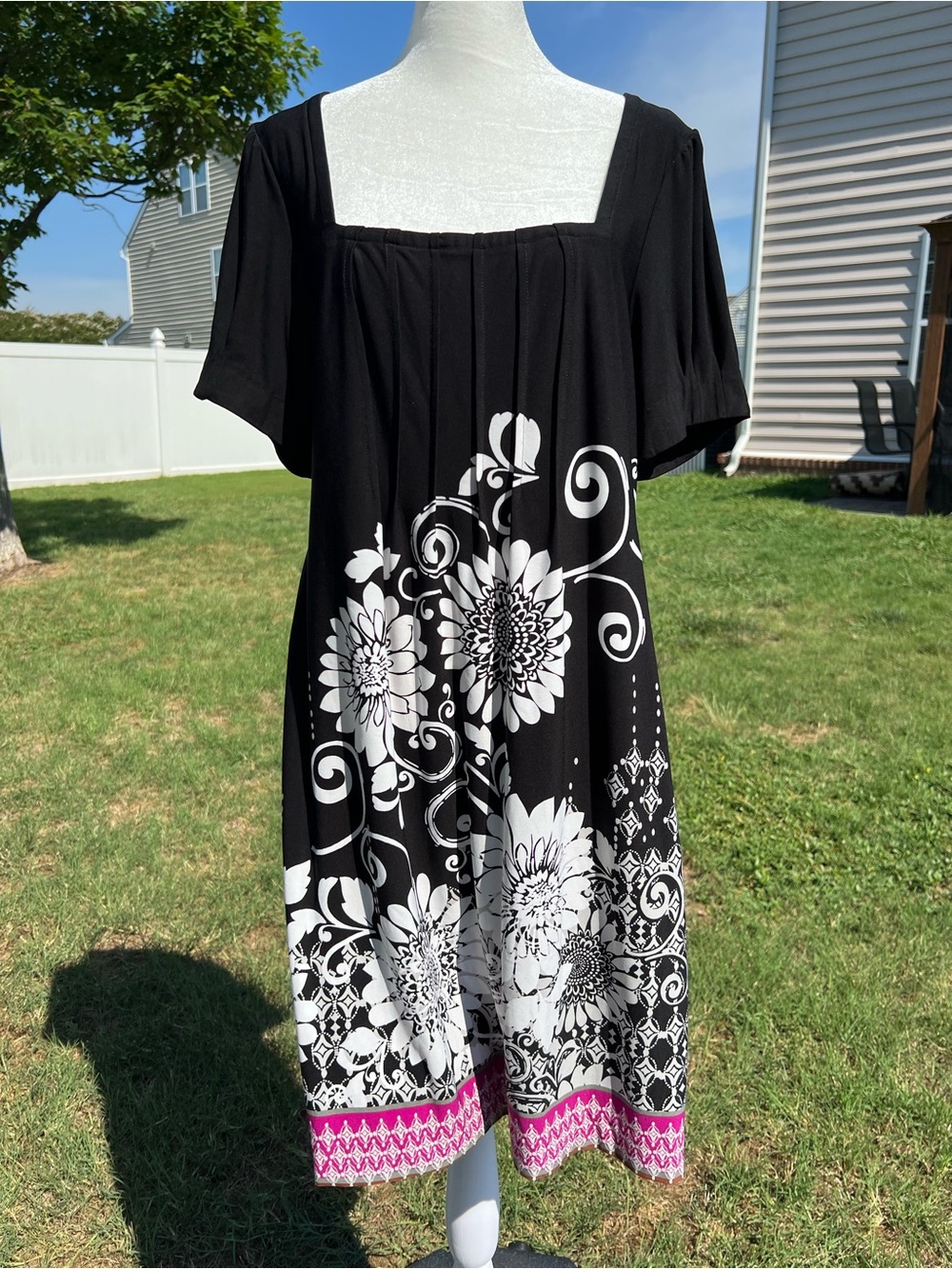 Ice Black Midi Dress with White Floral Print & Pink Border Square Neckline Sz 14 - Picture 3 of 14
